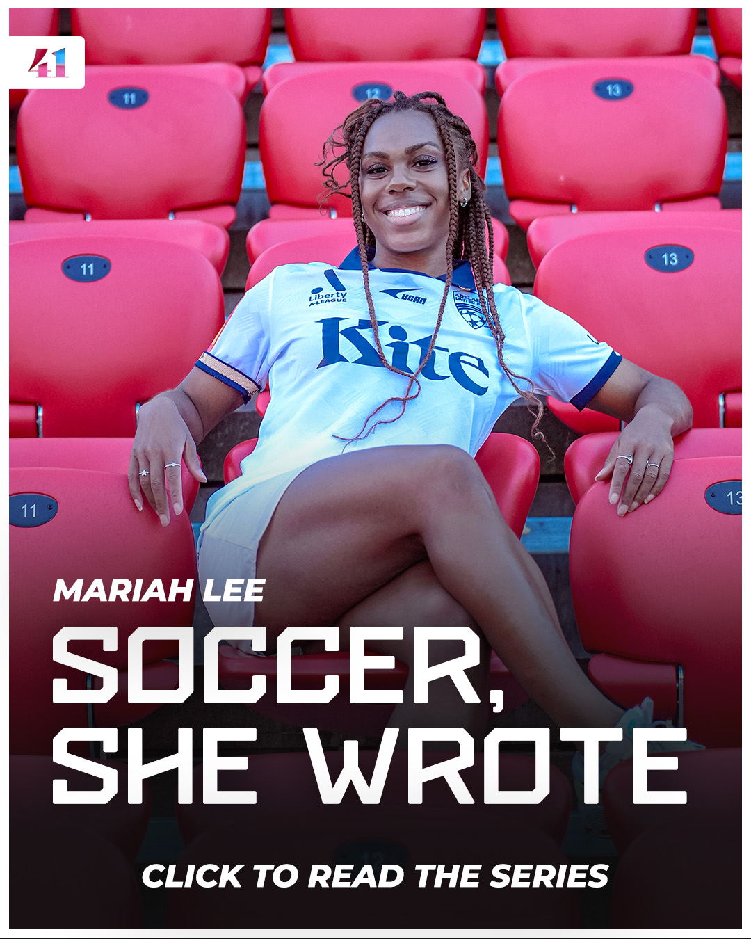 Mariah Lee sitting in the stands of a stadium with the text "soccer she wrote" overlaid below her